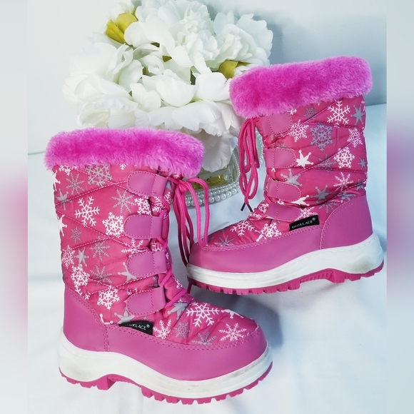 Toddler Girl's Pink Snowflakes Print  Lace Up Zippered Winter Snow Boots - Picture 1 of 12